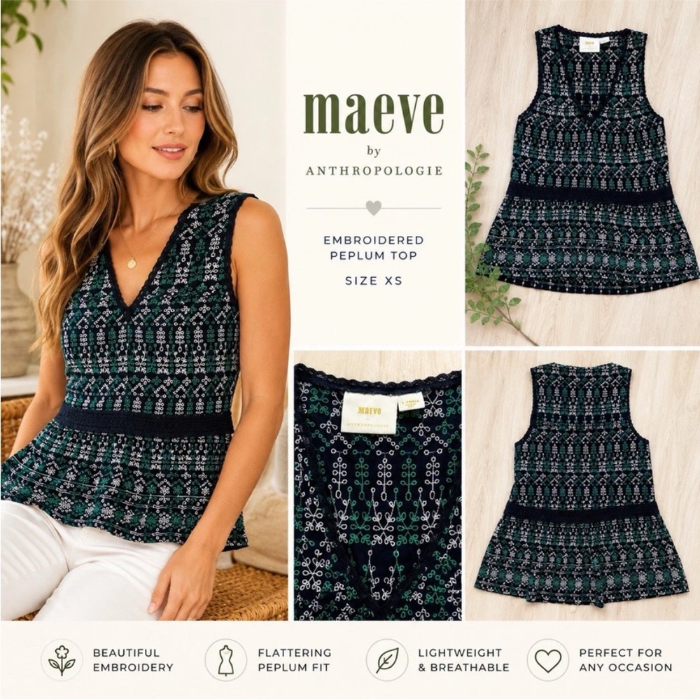 Maeve Anthropologie XS Peplum Embroidered Tank Navy Green Boho Sleeveless L16